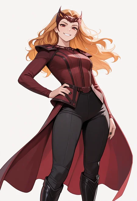 1girl, solo, hand on own hip, grin, looking at viewer, white background,
blonde hair, long hair, red eyes, tiara,
red jacket, long sleeves, shoulder armor, tailcoat, belt, black pants, black footwear, knee boots, black nails,
masterpiece, best quality, <lora:scarlet_witchMR-MOM-guy90-Illust-LoraV1:1>, mhcacs