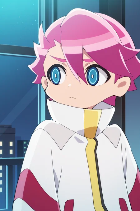 <lora:Aquarion_Myth_of_Emotions:1>, AquarionMoE, 1boy, blue eyes, solo, male focus, closed mouth, short hair, upper body, pink hair, jacket, hair between eyes, white jacket, high collar, indoors, looking to the side, night,