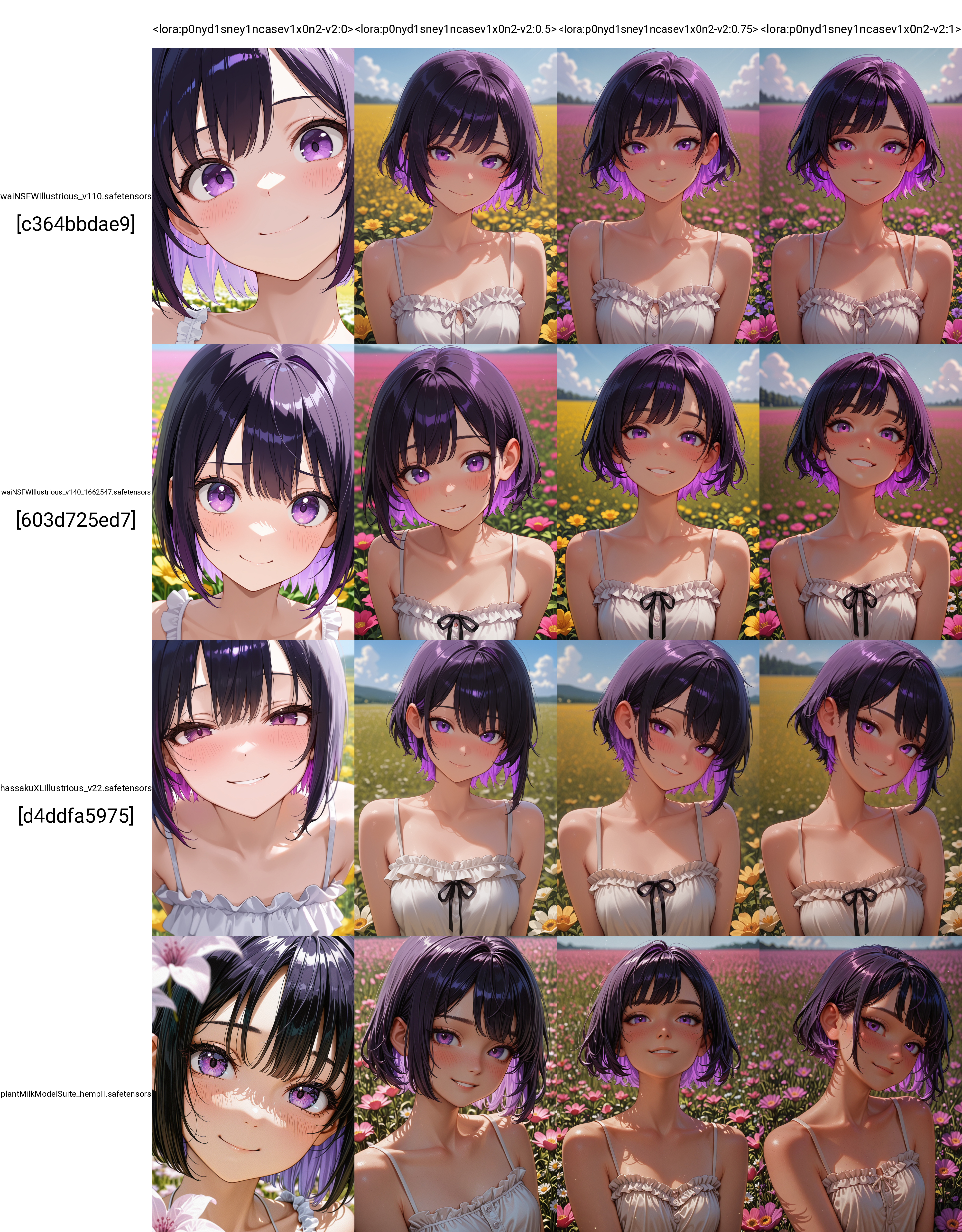 masterpiece, best quality, amazing quality, <lora:p0nyd1sney1ncasev1x0n2-v2:0>, p0nyd1sney1ncasev1x0n2, 1girl, 25 years old, perfect face,
(three quarter view), detailed face, portrait, face focus, depth of field, looking at viewer, blush, shy smile, close up,
purple eyes,
multi-colored hair, colored inner hair, black hair, purple hair, short hair,
white camisole, frilled camisole,
flower field, field,âââ