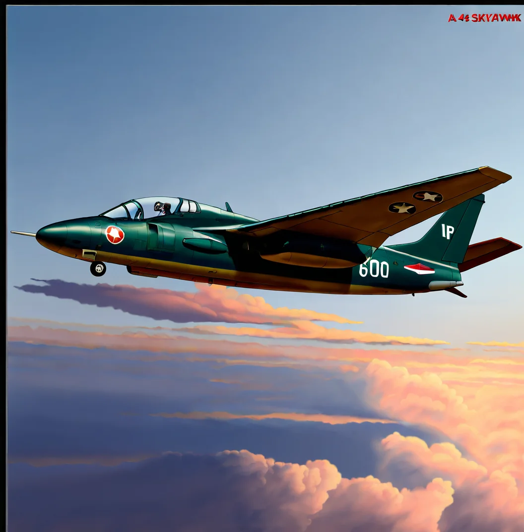 a-4 skyhawk,no humans,vehicle focus,flying,helmet,pilot suit,style:realistic,fighter jet,military,pilot,sky,cockpit,black border,wheel,artist name,roundel,cloud,missile,<lora:lexington (cv-16) (warship girls r)v1.1-000006:1>,