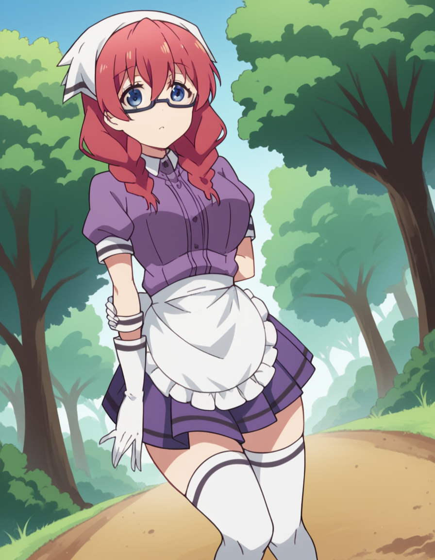 score_9, score_8_up, score_7_up, source_anime, <lora:miu-amano-s1-ponyxl-lora-nochekaiser:1>, miu amano, long hair, bangs, blue eyes, braid, red hair, glasses, twin braids, semi-rimless eyewear, under-rim eyewear, large breasts,, skirt, shirt, thighhighs, gloves, short sleeves, pleated skirt, glasses, puffy sleeves, white gloves, apron, white thighhighs, puffy short sleeves, waist apron, purple skirt, purple shirt, waitress, head scarf,, bike ride, countryside, dirt road, trees, afternoon sun, peaceful, alone, , , foot crossed over, hand behind back, knee bent, solo,, cowboy shot, dutch angle