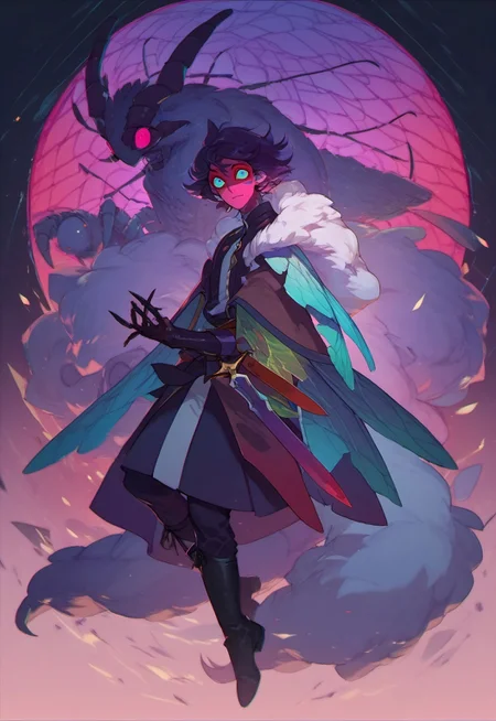score_9, score_8_up, score_7_up, score_6_up, faerie rogue, dagger strike, beautiful, dark bold line work, occult singles and runes, heavy black boots, highly detailed face, insect wings, fluffy fur, monster, perfect eyes looking at viewer, colored skin, cyan and purple