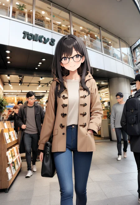 masterpiece, best quality, very aesthetic, absurdres,
1girl, solo, glasses, black hair, long hair, duffle coat, black bag, smile, looking at viewer, solo focus,
ths, storefront, photo background, multiple boys, pants, bag, jeans, walking, indoors, black hair, shirt, brown hair, shop
<lora:sannomiya_hands_SDXL_V1:0.8>