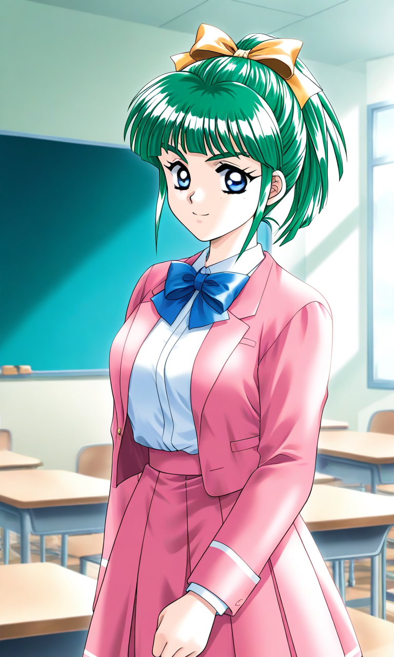 general,highres, ultra-detailed,very aesthetic,best quality ,best hands, BREAK <lora:Iijima_Miyuki_kakyuusei_Ver2.0_IS:1>
Iijima_Miyuki(kakyuusei), 1girl, solo, green hair, high ponytail,, bangs, short hair, blue eyes, hair ribbon,Yellow ribbon, breasts, 
classroom, indoors, pink jacket, blue line skirt,
chalkboard, looking at viewer, shirt, school uniform, jacket, blue bow, shirt tucked in, desk, 
bowtie, school desk, long sleeves, smile, pink skirt,