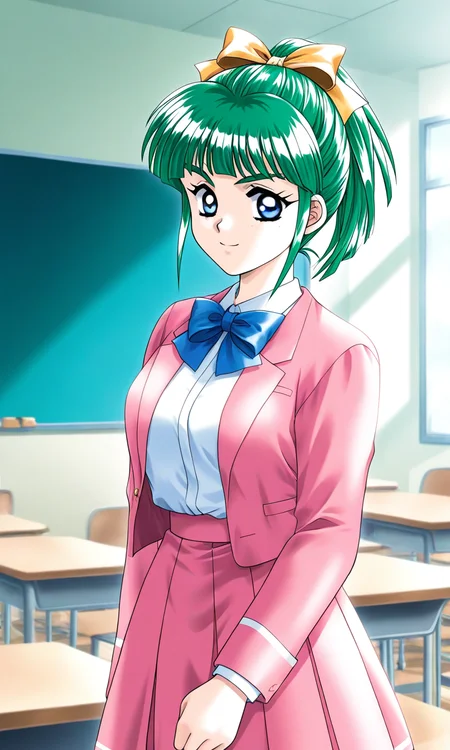 general,highres, ultra-detailed,very aesthetic,best quality ,best hands, BREAK <lora:Iijima_Miyuki_kakyuusei_Ver2.0_IS:1>
Iijima_Miyuki(kakyuusei), 1girl, solo, green hair, high ponytail,, bangs, short hair, blue eyes, hair ribbon,Yellow ribbon, breasts,
classroom, indoors, pink jacket, blue line skirt,
chalkboard, looking at viewer, shirt, school uniform, jacket, blue bow, shirt tucked in, desk,
bowtie, school desk, long sleeves, smile, pink skirt,