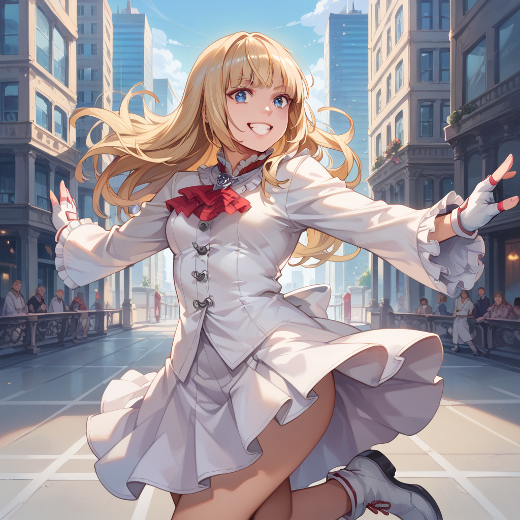 score_9, score_8_up, score_7_up, best quality, masterpiece, source_anime, zPDXL2, BREAK
1girl, solo,  <lora:liliv1:1>lili,  blonde hair, blue eyes, liliclassic, fingerless gloves, white dress, long sleeves, city, smile, happy
Jumping, mimicking a karate kick, cowboy shot