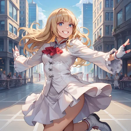 score_9, score_8_up, score_7_up, best quality, masterpiece, source_anime, zPDXL2, BREAK
1girl, solo,  <lora:liliv1:1>lili,  blonde hair, blue eyes, liliclassic, fingerless gloves, white dress, long sleeves, city, smile, happy
Jumping, mimicking a karate kick, cowboy shot