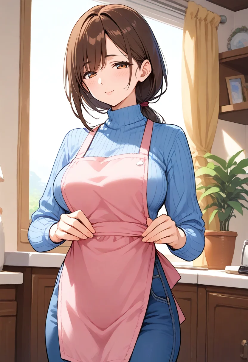 score_9, score_8_up, score_7_up,source_anime
1girl,
<lora:Hyper-SDXL-8steps-lora:1>
<lora:StS_age_slider_v1_initial_release:1> 
mature female, zemimama
<lora:SDXL_zemimama_pony724:0.7> 
brown hair, medium hair, low ponytail, bangs,mole, 
turtleneck, large breasts, upper body, 
blue sweater, apron, 
pink apron, 
bedroom, blue pants,denim,  
living room,