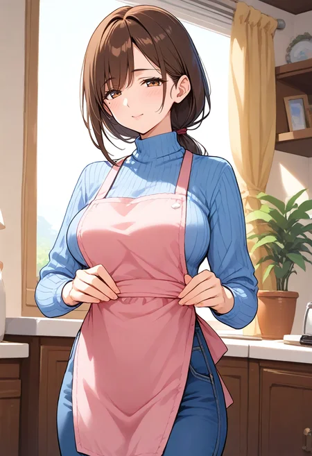 score_9, score_8_up, score_7_up,source_anime
1girl,
<lora:Hyper-SDXL-8steps-lora:1>
<lora:StS_age_slider_v1_initial_release:1>
mature female, zemimama
<lora:SDXL_zemimama_pony724:0.7>
brown hair, medium hair, low ponytail, bangs,mole,
turtleneck, large breasts, upper body,
blue sweater, apron,
pink apron,
bedroom, blue pants,denim,
living room,