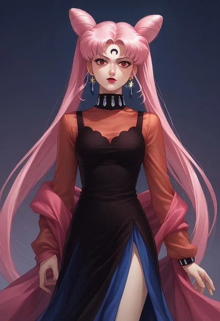 score_9,score_8_up,score_7_up, (90s anime style:2.0), masterpiece, best quality, 1girl, black lady, 1girl, solo, long hair, red eyes, dress, twintails, jewelry, very long hair, pink hair, earrings, hair bun, see-through, double bun, makeup, facial mark, lipstick, crescent, side slit, aged up, forehead mark, cone hair bun, crescent facial mark, crystal earrings