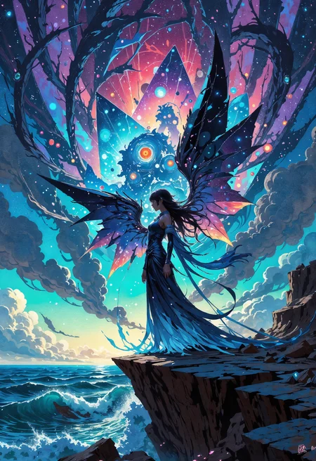(in Otomo Katsuhiro style:1.2), masterpiece, high-quality, A spectral guardian with fragmented crystalline wings that reflect shifting shades of dusk, Her silhouette is only partly solid with segments dissolving into whirling particles, She stands on a cliff overlooking an endless ocean under an aurora sky, the waves appearing to pull towards her as if in reverence, dusk crystal, ocean spirits, aurora mist, (Stylized in surrealist impressionism with ethereal transparency and glowing edges:1.2), (elaborate fine details:1.1), (hyperdetailed:1.1), (intricate details:1.0), (Refined details:1.1), (best quality:1.1), (high resolution:1.2), <lora:FLUX\Anime v1.3:0.6> <lora:FLUX\VividlyReal:0.6> <lora:FLUX\FLUX-daubrez-DB4RZ:0.4>