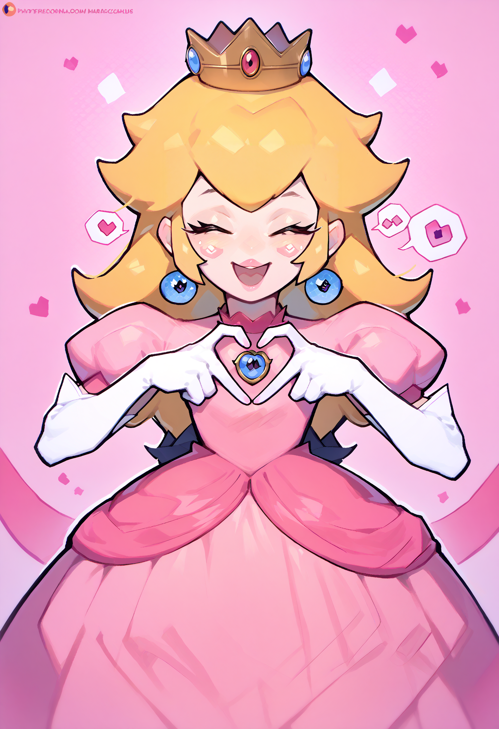 score_9, score_8_up, score_7_up, 4-finger heart hands, heart hands, heart,  <lora:FourFingerHeartHands_pdxl_Incrs_v1:1>, 1girl, <lora:PrincessPeach_XLPD:1>, princess peach, pink dress, elbow gloves, crown, heart, closed eyes, happy, open mouth, spoken heart,