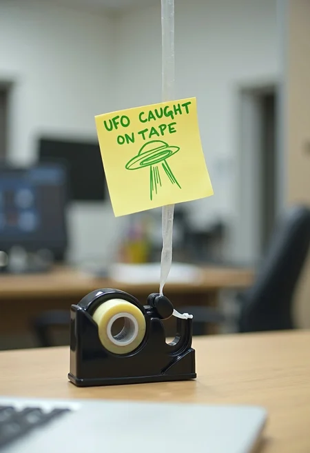 On a minimalist office desk, a black tape dispenser sits with a roll of clear adhesive tape. From the dispenser, a single, long strip of tape extends horizontally, creating a whimsical bridge to a plain wall. A small, yellow sticky note is stuck to this strip of tape, not on the wall, but floating in the air, suspended by the tape. On the note, there's a simple, hand-drawn green sketch of a classic UFO (flying saucer), complete with a playful design that seems to wobble on the tape. Above this scene, in bold, playful font, the text reads 'UFO caught on tape,' humorously suggesting the UFO is literally caught by the adhesive tape. The background is a cluttered office,
