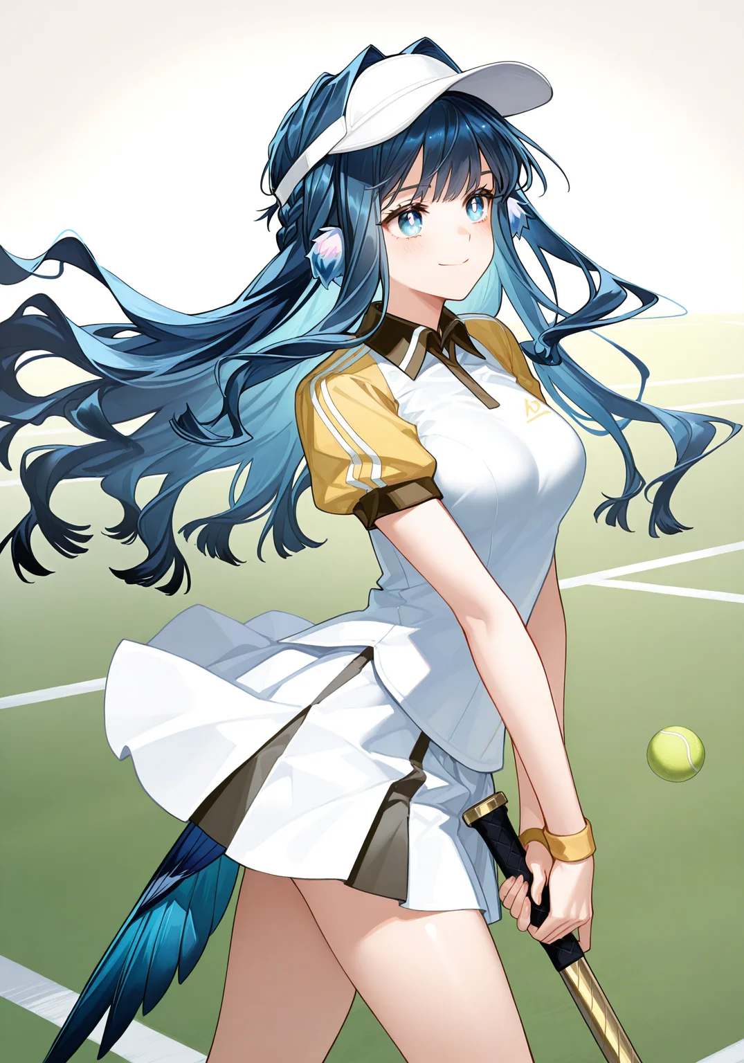 arknightsgame,arkbg,masterpiece,best quality,amazing quality,very aesthetic,high resolution,ultra-detailed,absurdres,
1girl,solo,Astesia,blue eyes,white pupil,bird tail,long hair,blue hair,bird girl,medium breasts,
black collared shirt,white skirt,miniskirt,tennis uniform,baseball cap,
dynamic pose,smile,
<lora:AstesiaILREV1.0-000003:1>,arkbg,<lora:ArknightsGameStyleILV1:0.8>,