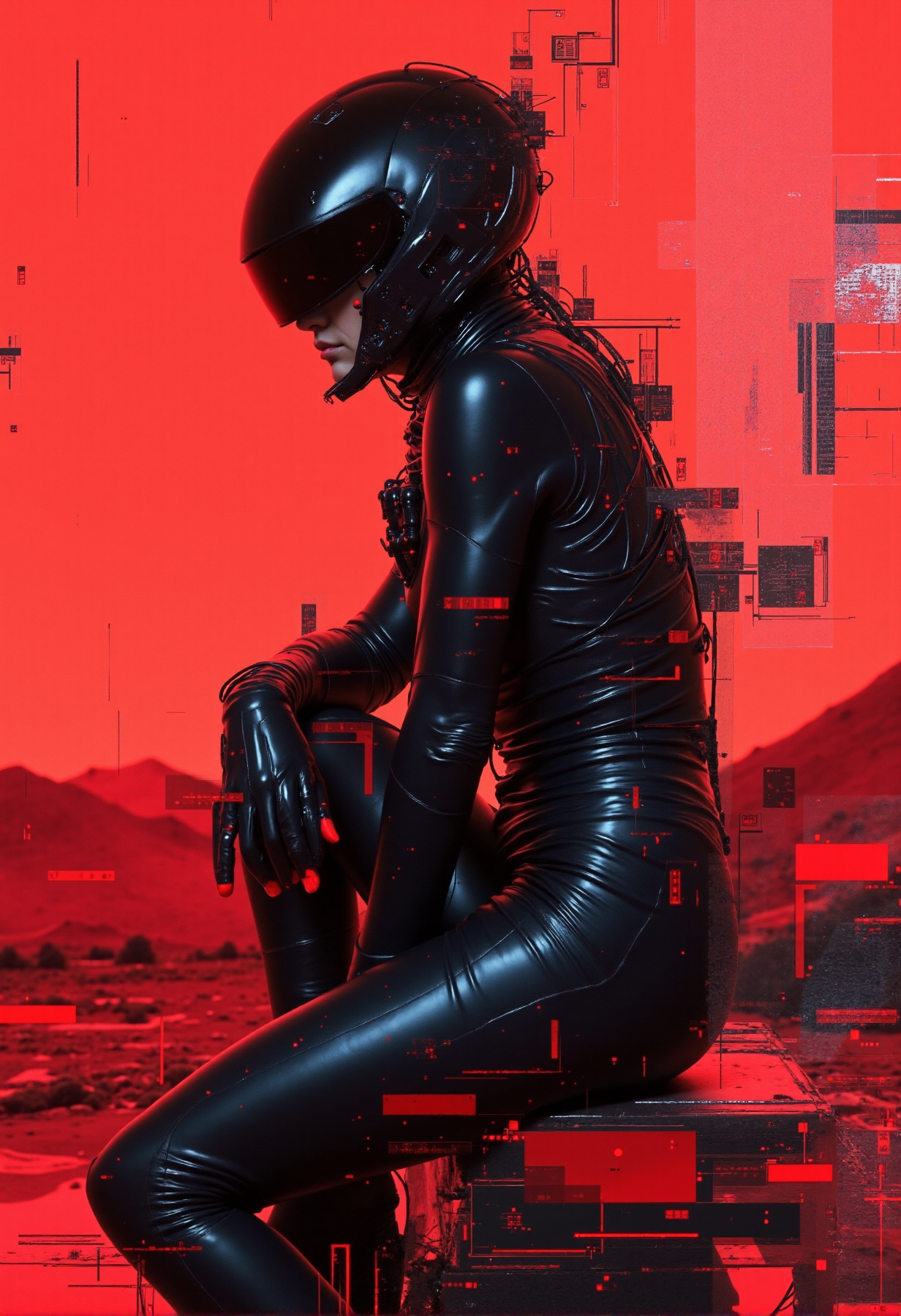 A futuristic woman in a suit posing, futuristic suit, black latex suit, armor with black mate metall plates, high heels, sharp angles, a surreal alien 3D hologram red landscape in the background, she is wearing a futuristic black helmet with a black visor hiding her face, whole body, sensual pose, sitting, detailed background, perfect image, high definition, detailed, details glowing in neon blue and red hues