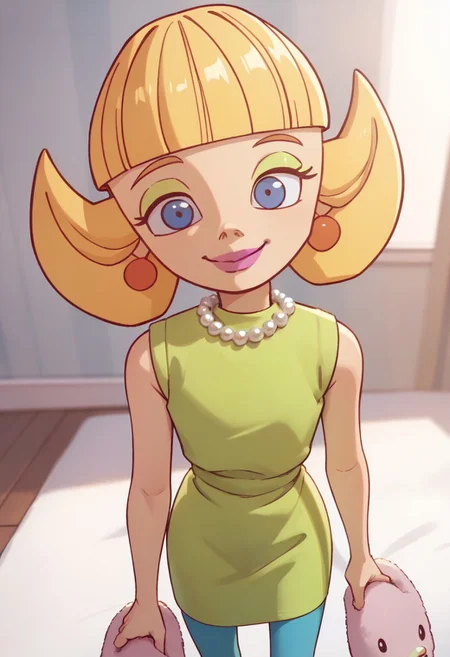 score_9, score_8_up, score_7_up BREAK LoopyMom, 1girl, blonde hair, blunt bangs, blue eyes, green eyeshadow, pink lipstick, orange pearl earrings, white pearl necklace, sleeveless green dress, bare arms, blue leggings, pink slippers, smiling at viewer,