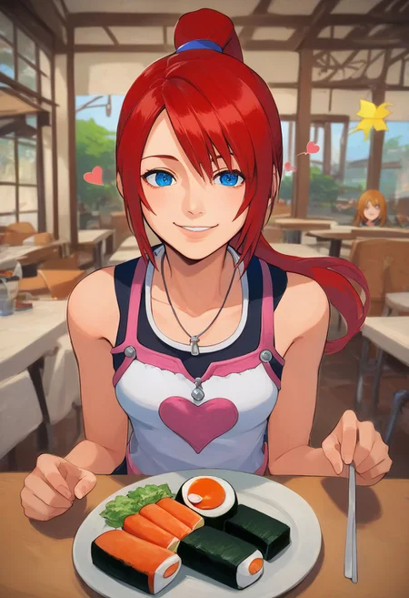 score_7_up, score_8_up, score_9, kairi, ponytail, kingdom hearts 2, long straight red hair, pov dating, innocent, Italian restaurant, smiling, hearts, happy, looking at viewer, sushi, , score_4_up, eye contact, looking at viewer, source_anime, traditional art, lineart, rating_safe, zPDXL, clear blue eyes,(4k quality, masterpiece):1.4),( best quality:1.1),