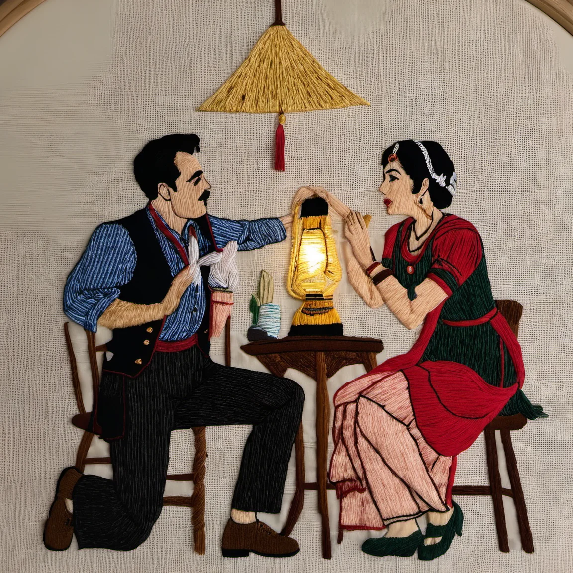 embrodarythreadart ,stageplay, dim lights, lamp on the ceiling, man and woman acting, roleplay, <lora:embrodary_thread_art:1>
