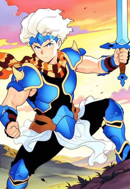 masterpiece, best quality, amazing quality, very aesthetic, absurdres, newest, ceodorff4tay, 1boy, short white hair, sleeveless, circlet, patterned scarf, spiked pauldrons, blue armor, blue vambraces, white loncloth, (blue thighhigh greaves:1.1), black pants, holding sword, action pose, looking at viewer, toned male, mature male, rocky cliffside, clouds, watercolor (medium)