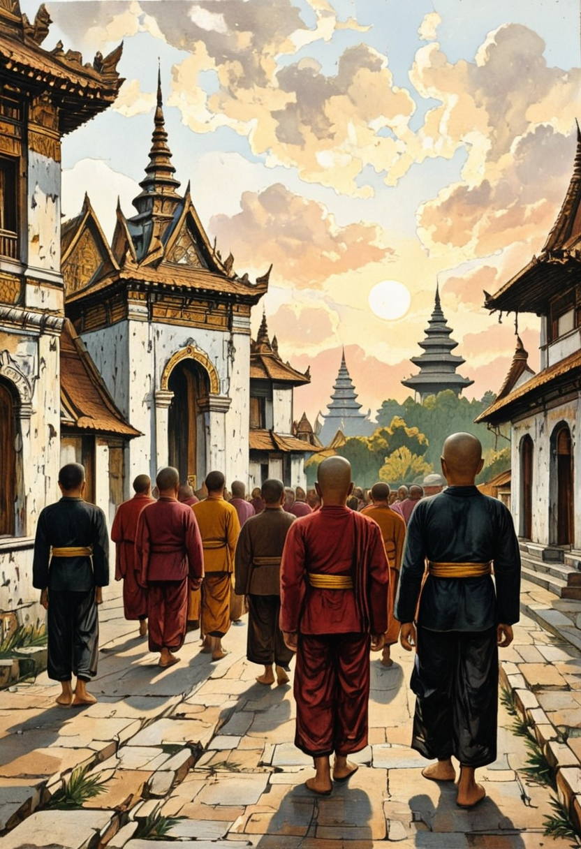 Buddhist monks walking in procession at dawn., in memadukan_painter art style, 19th century indies vintage illustration by Auguste van Pers, painting