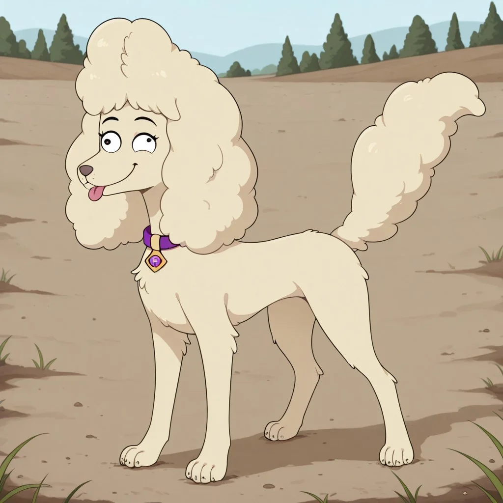 Lady_C(HB), Solo, 1girl, feral, dog, dog girl, poodle, tan fur, puffy tail, puffy ears, purple collar, derp face, full body, tongue out, standing, smiling, dirt field setting,