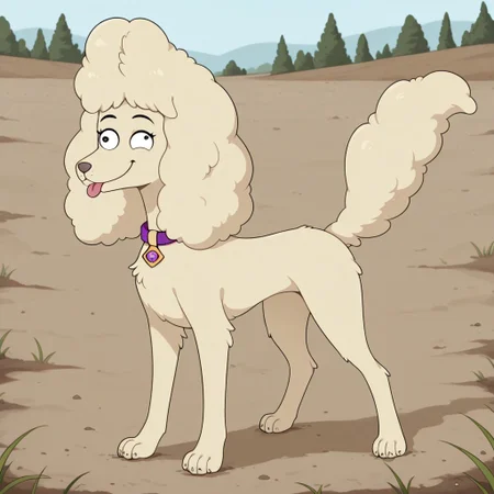 Lady_C(HB), Solo, 1girl, feral, dog, dog girl, poodle, tan fur, puffy tail, puffy ears, purple collar, derp face, full body, tongue out, standing, smiling, dirt field setting,
