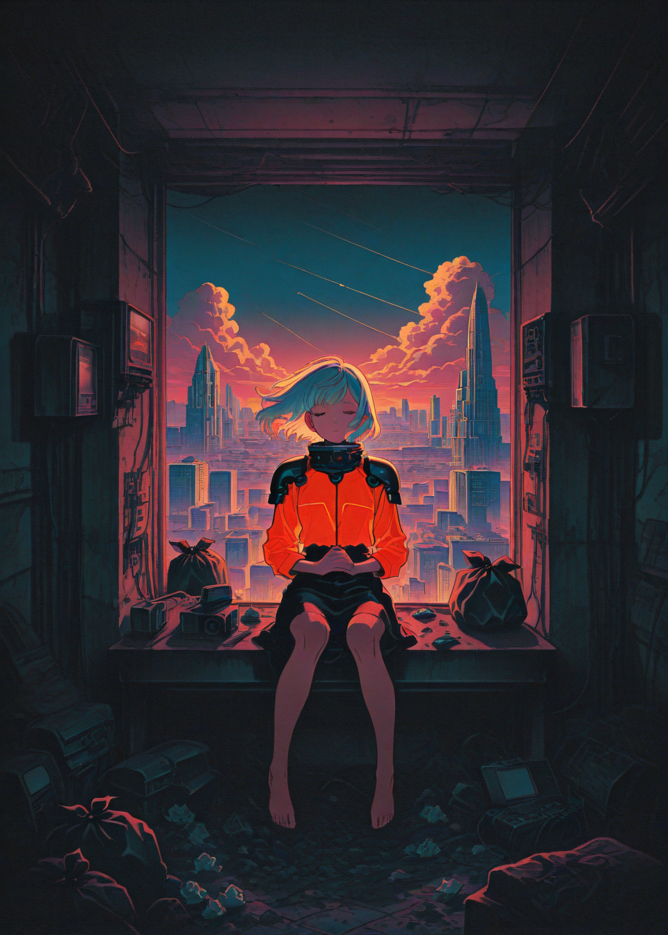 1 girl, solo, human feet, accents, bw, power lines, pauldrons, closed eyes, cloud, ringed eyes, cable, floating hair, own hands together red eyes, short white hair, uneven bangs,  sitting on a desk, 
isometric, cluttered room, dark room, low lights, dirty room, trash bag, used tissue, desk, pc screen, camera set, windows, many toys, perfect feet, cityscape 
masterpiece, best quality, ultra-detailed, best illustration,  uneven bangs,