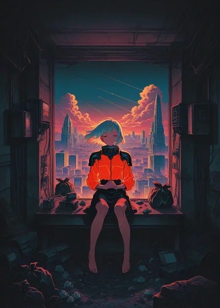 1 girl, solo, human feet, accents, bw, power lines, pauldrons, closed eyes, cloud, ringed eyes, cable, floating hair, own hands together red eyes, short white hair, uneven bangs, sitting on a desk,
isometric, cluttered room, dark room, low lights, dirty room, trash bag, used tissue, desk, pc screen, camera set, windows, many toys, perfect feet, cityscape
masterpiece, best quality, ultra-detailed, best illustration, uneven bangs,