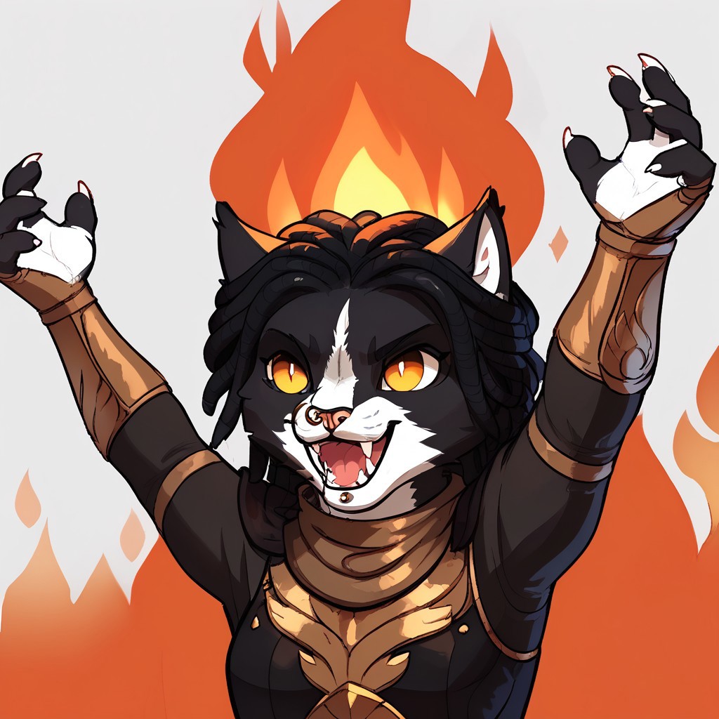 em0te art style, score_9, score_8_up, score_7_up, score_6_up, best quality,
anthro, 1girl, 3mb3r, high quality, white background, ((arms up, fire, outstretched arms, upper Body, burning, laughing)), high res , highly detailed face, white background, chibi, black armor, feline, black and white fur, yellow eyes, black hair, nose ring, chin piercing, extremely detailed