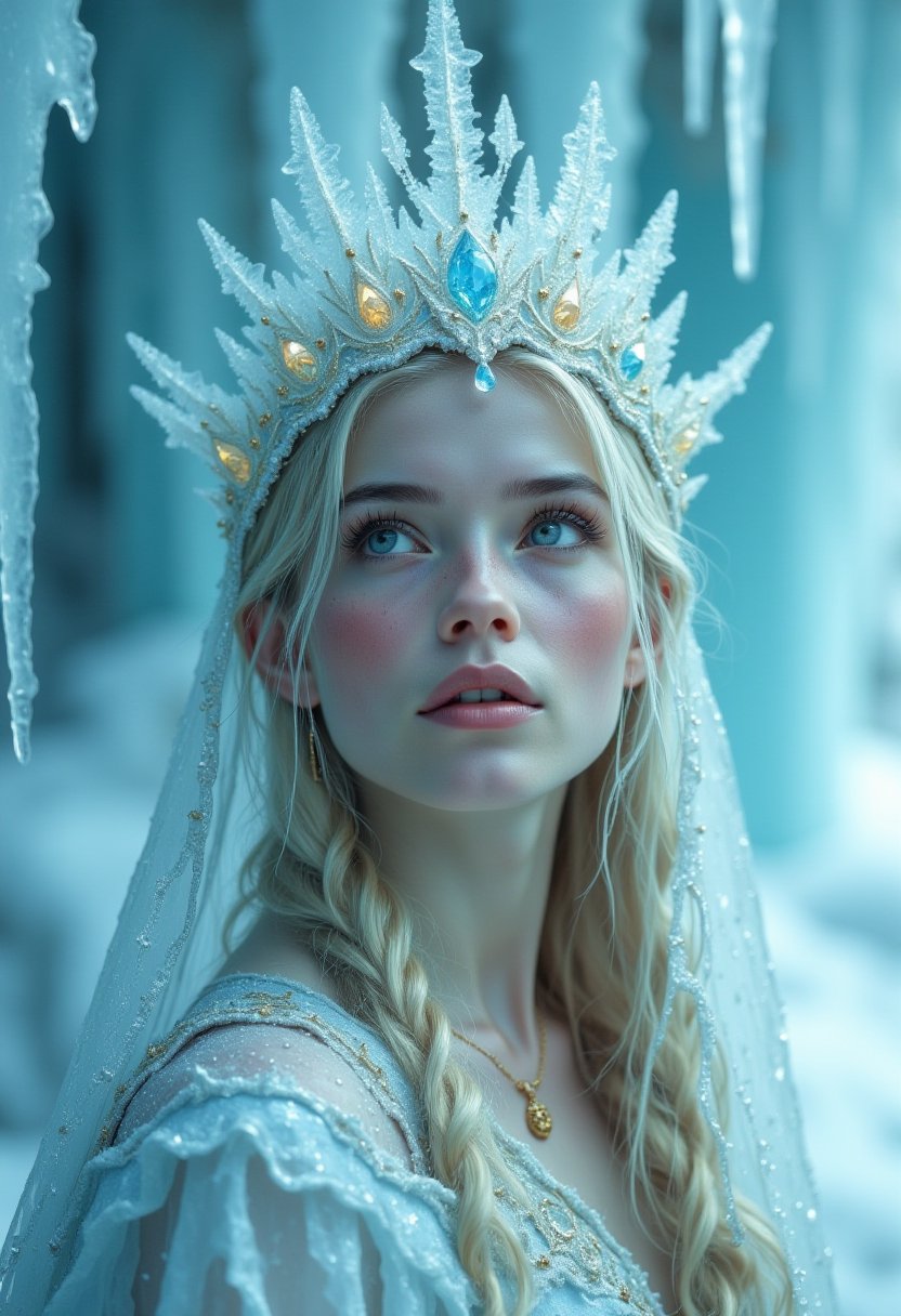 The photograph features a young woman with pale, porcelain skin and long, wavy blonde hair. She wears an intricately designed, ice-encrusted headpiece adorned with sparkling crystals and delicate, snowflake-like patterns. Her expression is serene and contemplative, with her gaze directed upwards, as if lost in thought. She is dressed in a flowing, ice-blue gown with a subtle golden pattern. The background is a frosty, icy landscape, with icicles hanging from the walls, creating a surreal, otherworldly atmosphere. The lighting is cool and bluish, enhancing the icy, ethereal feel of the scene. The overall aesthetic quality of the image is very high, with exquisite attention to detail, capturing a sense of quiet, icy beauty.