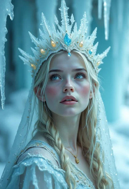The photograph features a young woman with pale, porcelain skin and long, wavy blonde hair. She wears an intricately designed, ice-encrusted headpiece adorned with sparkling crystals and delicate, snowflake-like patterns. Her expression is serene and contemplative, with her gaze directed upwards, as if lost in thought. She is dressed in a flowing, ice-blue gown with a subtle golden pattern. The background is a frosty, icy landscape, with icicles hanging from the walls, creating a surreal, otherworldly atmosphere. The lighting is cool and bluish, enhancing the icy, ethereal feel of the scene. The overall aesthetic quality of the image is very high, with exquisite attention to detail, capturing a sense of quiet, icy beauty.