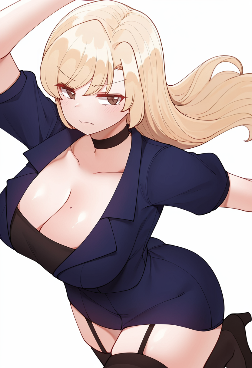 Smooth Quality,masterpiece,very intricate, high quality details, ultra realistic, high detailed skin,detailed enviorement,absurdres,
simple background, white background, dancing,from behind,shaka sign,skindentation, solo, 
 <lora:Yejin_Lim_CNR:0.8> yejin_cnr, 1girl, blonde hair, long hair, bangs, brown eyes, mole on breast, large breasts,yejin_suit_cnr,collarbone,short dress,blue jacket,black short sleeves,black choker, thighhighs, garter straps, high heels,, scowl,, xd,