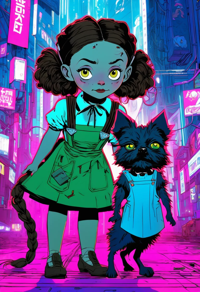 Anime artwork, Dorothy and Toto from Wizard of Oz, in the style of Cyberpunk 2017