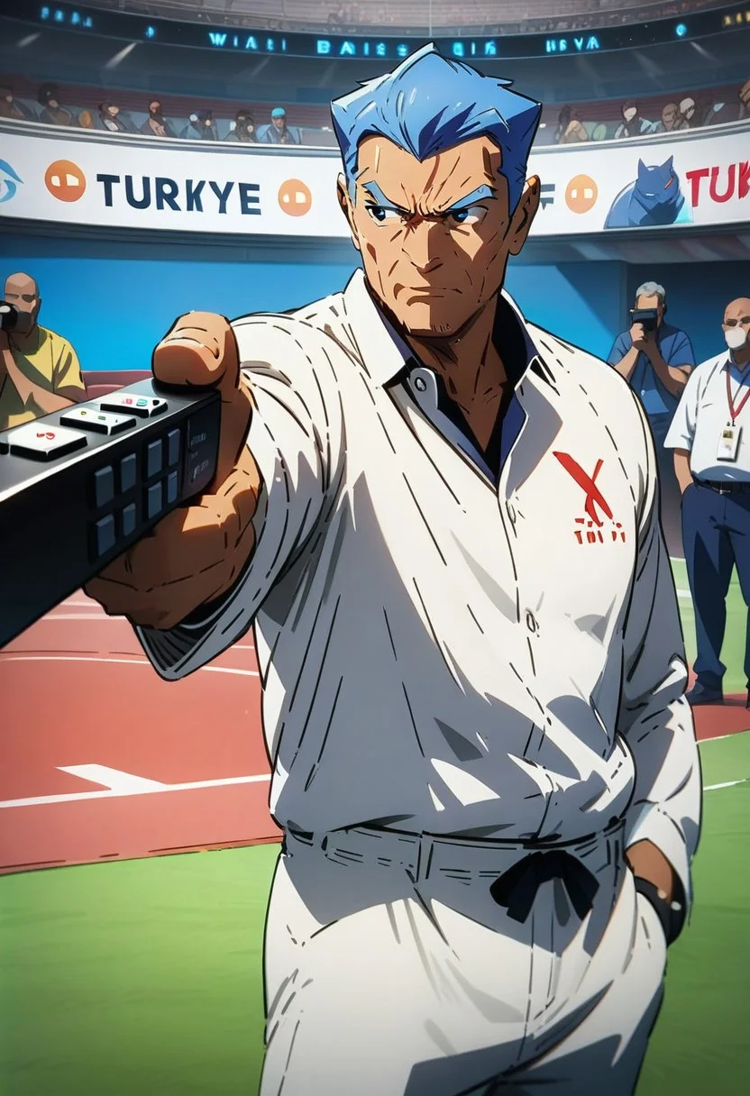 masterpiece, best quality, anime man, Turkish Killer Pose, holding (Remote Control:1.2), LOOKING AT (Remote Control), AIMING