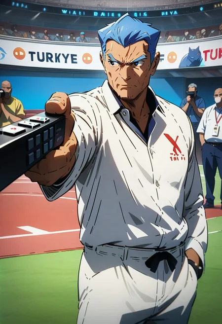 masterpiece, best quality, anime man, Turkish Killer Pose, holding (Remote Control:1.2), LOOKING AT (Remote Control), AIMING