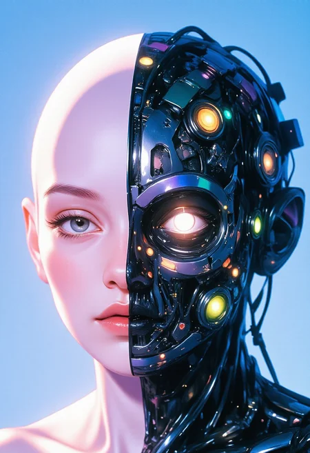 Studio Ghibli Dark Fairytale, ethdysty, fantastical, ethereal aesthetic, The image features a highly detailed CGI artwork of a futuristic, humanoid robot head, resembling a sleek, mysterious figure that could be mistaken for a high-tech version of Batman. The head is split into two halves: the left half is smooth, matte pastel pink, reminiscent of a soft, sleek surface, while the right half is an intricate, chaotic array of glowing pastel neon shades of purple, mint green, and blue, blending into a dreamy, colorful mechanical structure. The contrast between the soft pastel surface and the vibrant, glitching neon highlights creates a sharp, high-tech look with a playful, ethereal vibe. The mechanical side of the head is filled with interlocking circuits, wires, and components, with pastel neon accents pulsing softly against the dark pastel backdrop. The robot’s face is serene and somewhat human-like, with glowing, faint pastel eyes that exude a calm, yet enigmatic presence. The mechanical half is densely packed with small, glowing components, creating a complex, dynamic structure. Scattered pastel neon orbs and small cylindrical components glow subtly in the misty pastel atmosphere, adding an air of mystery and wonder to the scene. The overall feel combines futuristic technology with a bright, imposing silhouette that echoes a hero from another world, softened by the pastel hues.