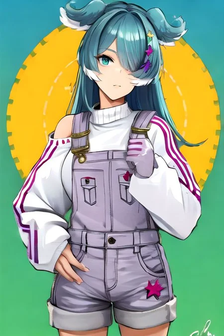 solo_focus, 1girl, (((masterpiece))), ((best quality)), ((ultra-detailed)), high resolution, absurdres, highres, ultra-detailed 8k unity wallpaper, 
elira1st, long sleeves, overalls, white sweater, off shoulder, grey gloves, one eye covered, overall shorts,