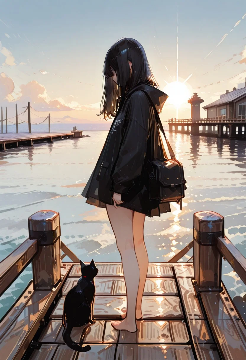sketch, 1girl, black hair, long hair, pier, sky, sunlight, Black cat, standing, Silhouette, usnr
BREAK
masterpiece, best quality, good quality, very awa, very aesthetic, absurdres, newest, (Perfect details),(****), haiz_ai, no lineart,no outline,