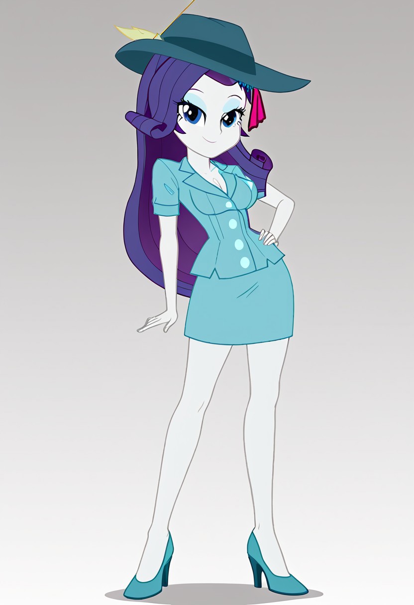 Score_9, Score_8_up, Score_7_up, Volumetric lighting, Rarity, equestria, detective rarity, Pastel blue dress, hat, high heels, Full body, One person, 1 girl, alone, Short thigh-length dress, Green high heel shoes, Sexy and sensual pose, short dress with sleeves, Seductive and flirtatious look, Sexy and sensual model body, Standing, Posing sexy and sensual, modeling, Very big breasts, equestria girls