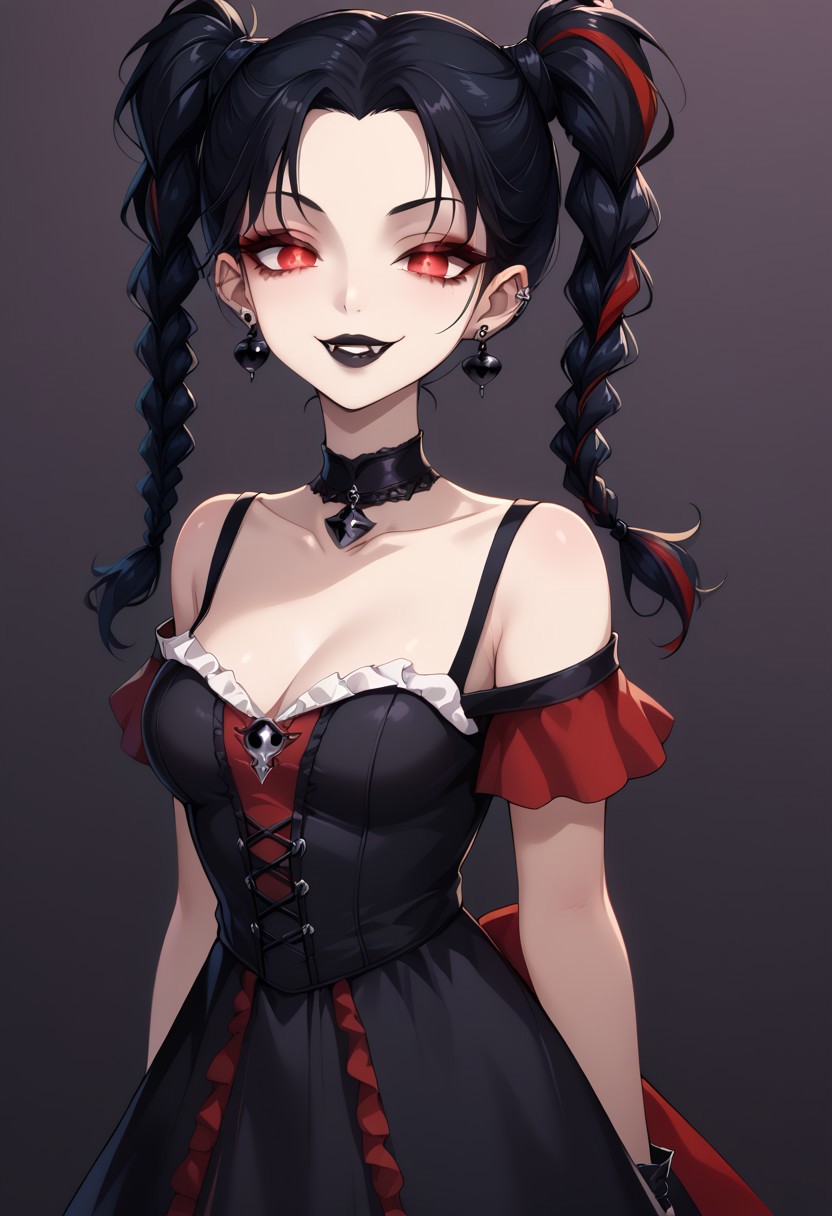score_9, score_8_up, score_7_up, score_6_up, (haaru),concept art, digital artwork, highly detailed, sharp focus, portrait, yaolingp5x, multicolored hair, black hair, red hair, twin braids, <lora:princess_xl_v2:0.3>, <lora:VampirePonyLora:0.9> vampire, red eyes, glowing eyes, fangs, <lora:Gothic:1>, GothicC, makeup, black lipstick, mascara, black nails, gothic dress, black dress, red dress, covered shoulders, fishnet, half closed eyes, smug, evil smile, dark background