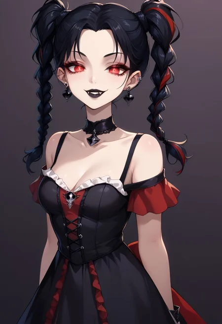 score_9, score_8_up, score_7_up, score_6_up, (haaru),concept art, digital artwork, highly detailed, sharp focus, portrait, yaolingp5x, multicolored hair, black hair, red hair, twin braids, <lora:princess_xl_v2:0.3>, <lora:VampirePonyLora:0.9> vampire, red eyes, glowing eyes, fangs, <lora:Gothic:1>, GothicC, makeup, black lipstick, mascara, black nails, gothic dress, black dress, red dress, covered shoulders, fishnet, half closed eyes, smug, evil smile, dark background