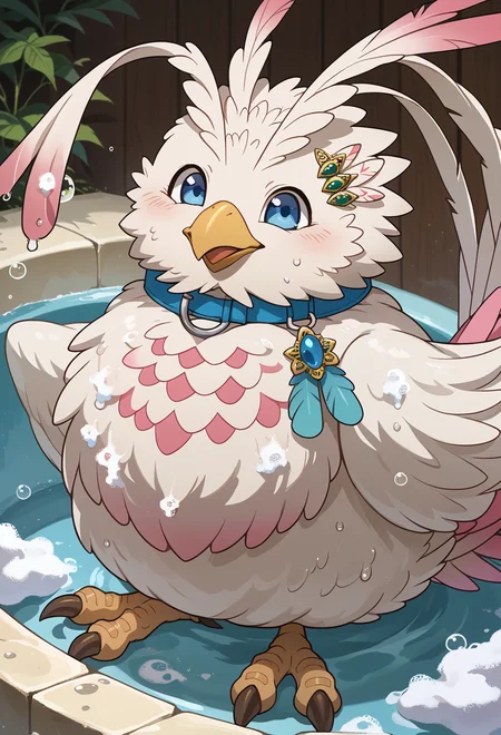 score_9, score_7_up, source_anime, <lora:AEFiloPony:1> BREAK
AEFiloBird, animal, beak, bird, blue collar, blue eyes, hairclip, talons, white feathers, wings, happy, wet, soap bubbles, soap,