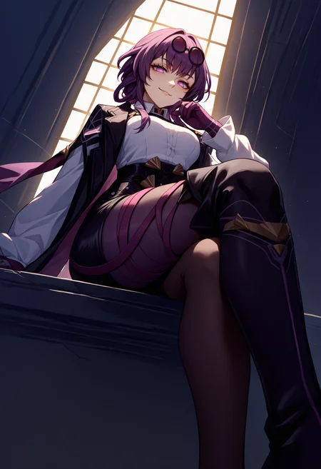 score_9, score_8_up, score_7_up, source_anime, 1girl, kafka, purple eyes, bangs, eyewear on head, <lora:Kafka_XLPD:1>, collared white shirt, long sleeves, jacket on shoulders, black jacket, black shorts, gloves, purple gloves, pantyhose under shorts, criss-cross straps, thigh strap, purple pantyhose, thigh boots, asymmetrical legwear, crossed legs, sitting, from below, arm support, smirk,