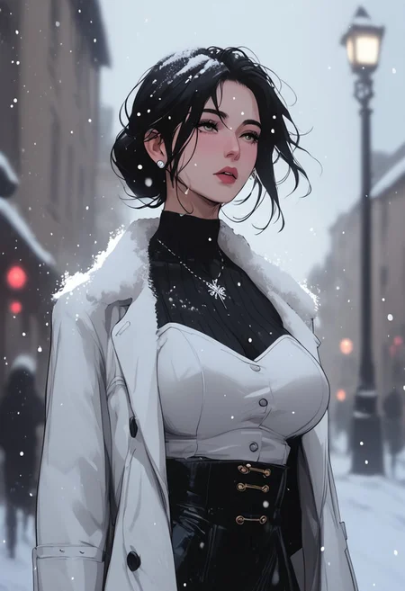 masterpiece, best quality, highly detailed, ultra-realistic, score_9, score_8_up, score_7_up, score_6_up, source_cartoon,  
BREAK  
1MILF, 35yo, curvy waist, large breasts, pale skin, long black hair, wearing a white fur coat, standing in snow, looking up at sky, expression of wonder, snowflakes on skin, cold breath visible, dark clouds, streetlights glowing, faint scent of winter.  
BREAK  
snow falling, hair slightly covered in snow, coat slightly open, motion_lines:1.5, motion_blur:1.5.  
BREAK  
atmospheric, emotional, raw sensuality, dynamic light, cold_light, soft focus, depth of field, cinematic composition