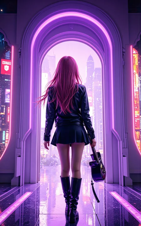 A stunning 20-year-old girl with long,flowing pink hair,dressed in a sleek black leather jacket,a pleated black skirt,and knee-high black boots. She confidently walks across a neon-lit cyberpunk stage while skillfully playing an electric guitar. The stage floor beneath her shimmers with a crystal-like effect,reflecting the vibrant hues of the futuristic lighting. Behind her stands a massive,futuristic doorway,enveloped in a glowing purple energy ring,pulsating with a soft,otherworldly light. The cyberpunk city skyline looms in the background,filled with towering holographic billboards and dazzling neon lights. The atmosphere is electrifying,with digital particles floating in the air,creating a dynamic,high-tech concert scene.,<lora:yuukananri-base-02-flux:0.7>,yuukananri,she has a slender physique and a petite build,<lora:aidmaMJ6.1_v0.5_3:0.5>,aidmaMJ6.1,