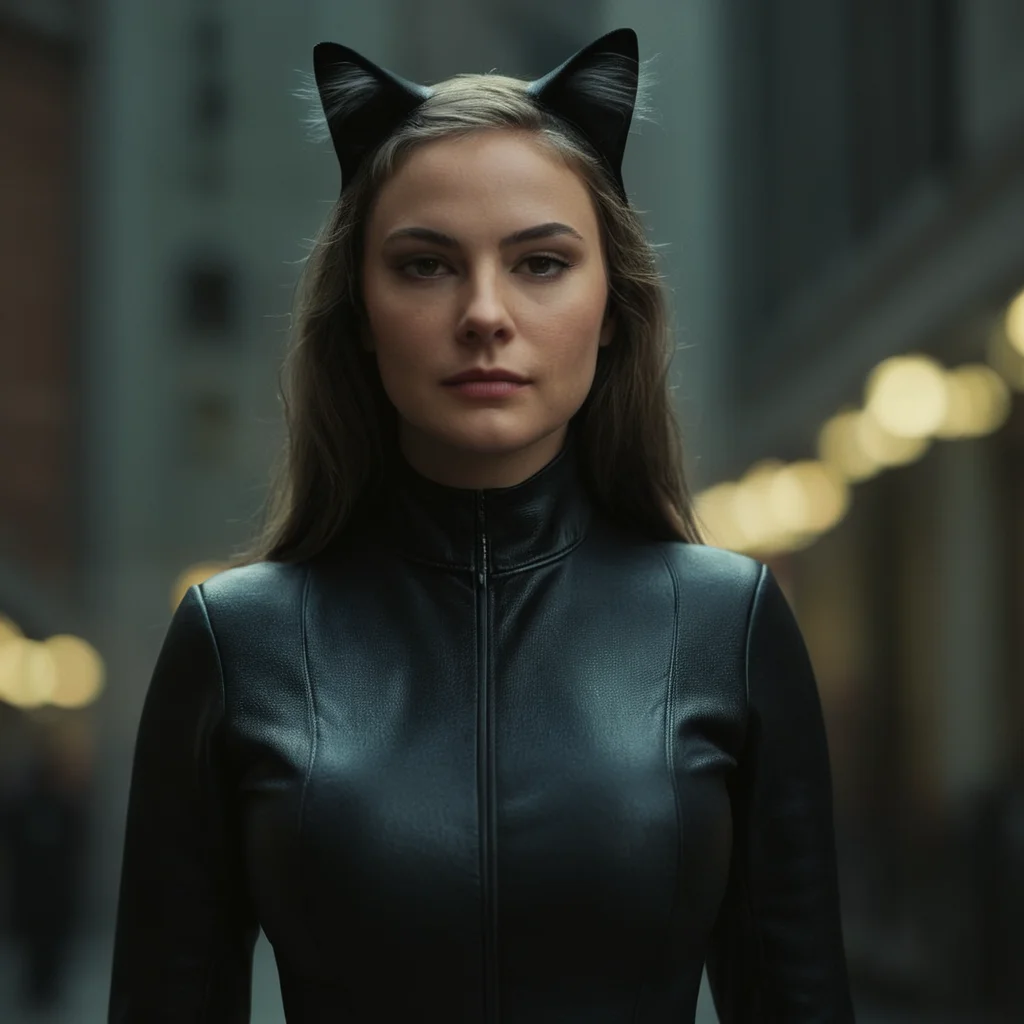 cinematic film still of <lora:Hyperrealism style v2:1>
a woman in a cat suit posing Hyperrealism Style, shallow depth of field, vignette, highly detailed, high budget, bokeh, cinemascope, moody, epic, gorgeous, film grain, grainy