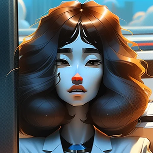 cyanotype of a durable, thin, Afraid Uber driver woman, Exquisite, troll_face, with long brown hair wearing hanten , digital art, highly detailed, fine detail, intricate, outrun, vaporware