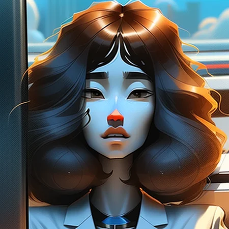 cyanotype of a durable, thin, Afraid Uber driver woman, Exquisite, troll_face, with long brown hair wearing hanten , digital art, highly detailed, fine detail, intricate, outrun, vaporware