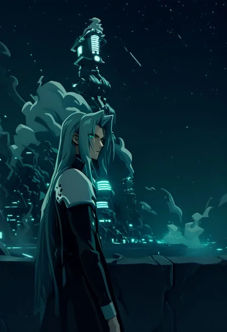 score_9, score_8_up, score_7_up, asymmetrical composition, vaporwave, Lofi, Sephiroth looking impassive, facing viewer, posing for a portrait in front of ShinRa tower, shinra_hq, shoulder armor, ShinRa headquarters, night, city, smoke, fog, smog, smoke stacks, holding very long katana, long billowing black leather overcoat, pitch black starry sky, solo, beautiful, androgynous, flat chest, leather straps, broad shouldered, high contrast, industrial cityscape background, Netflix, Studio Trigger, ff7, neolight,