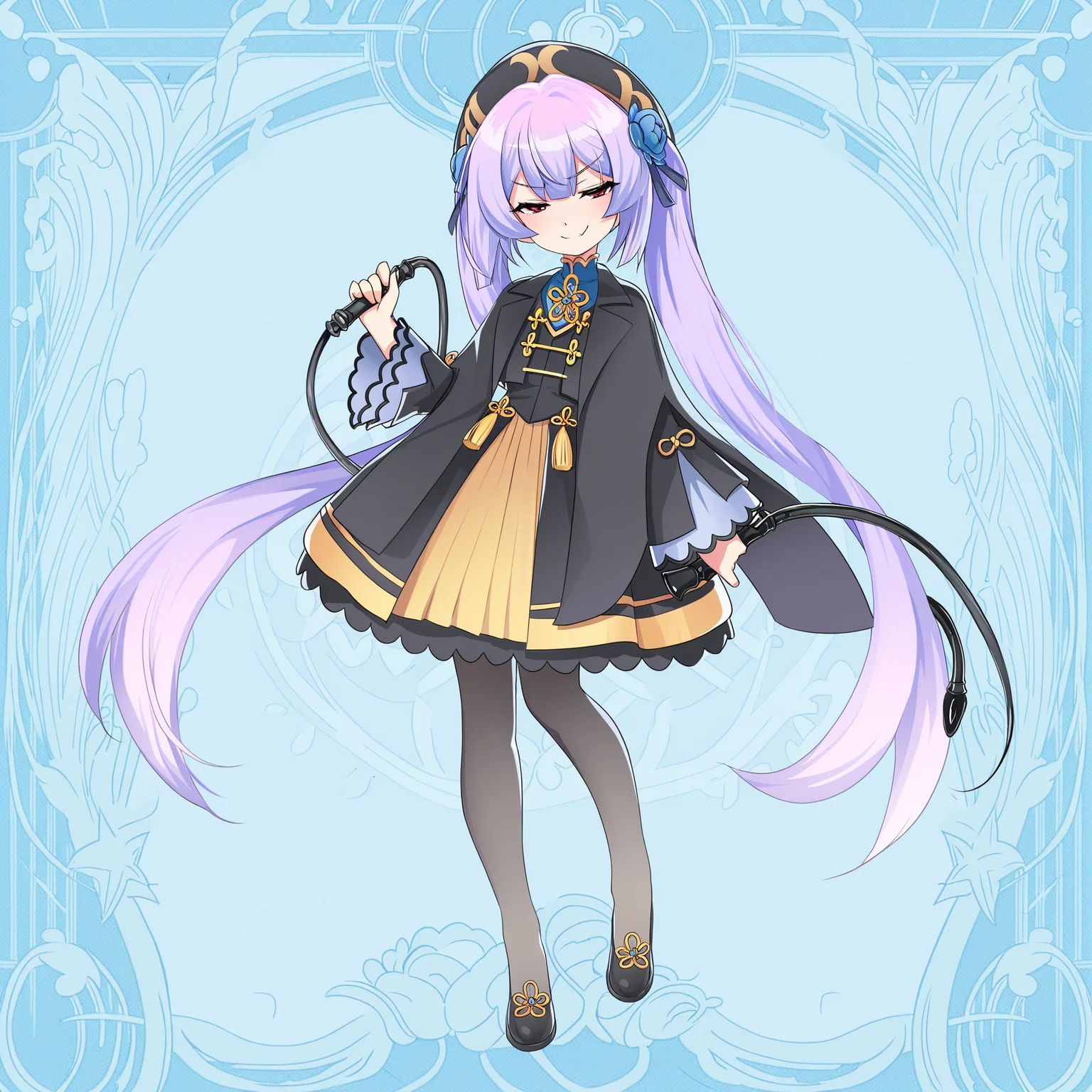 masterpiece, best quality, ultra-detailed, highest quality, official art, absurdres, latest, very awa, very aesthetic, detailed shading, (detailed background, complex background), amazing quality, intricate, hyper-detailed, excellent, latest,<<lora:Dong_Bai:1>, Dong Bai, red eyes, lavender hair, very long hair, black hat beret, twintails, blue hair flower, hair ornament, black capelet, black chinese clothes, skirt, pantyhose, shoes, full body , smug, holding whip, chinese background